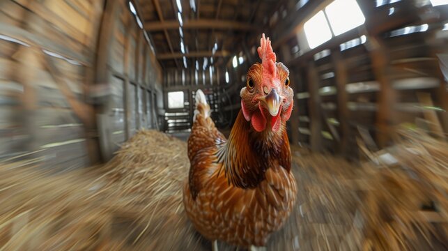 A playful chicken looks inquisitively at the camera within a rustic barn setting, showcasing the charm of farm life and the curiosity of animals in their natural habitats.
