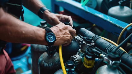 Obraz premium Close-up shots of hands adjusting equipment - checking scuba tanks