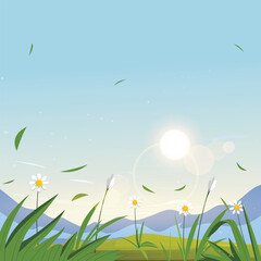 Obraz premium cartoon nature scenery with flowers and grass in the mountains