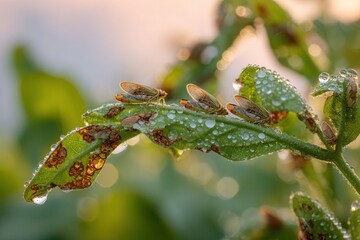 dew-covered soybean leaves with multiple cicadas feeding