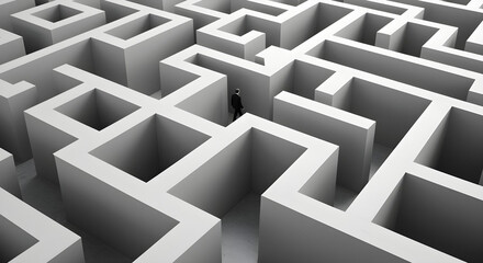 A lone man in a maze highlights life's complex, stark, and solitary journey.








