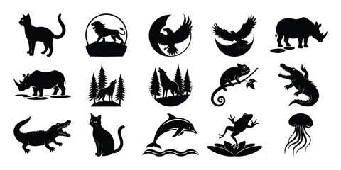 Wild Animal Silhouettes Vector Collection – Cat, Rhino, Dolphin, Bird, and More on white background