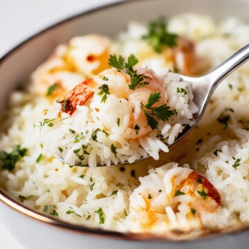 closeup shot ready to serve arroz de tamboril gourmet food styling minimal white background