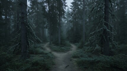 Obraz premium Mystical path forks within a dark forest