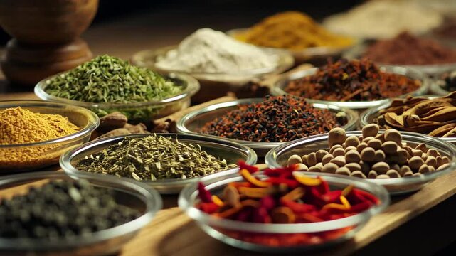 Variety of colorful spices and herbs arranged neatly on a wooden table in a cozy kitchen setting, Variety of spices and herbs on the table