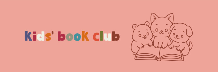 Cute hamster, cat and dog reading book for kids' book club. Hand-drawn vector illustration with colorful lettering and kawaii animals