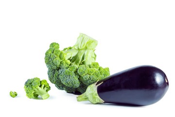 Fresh ripe broccoli and eggplant isolated on white background.