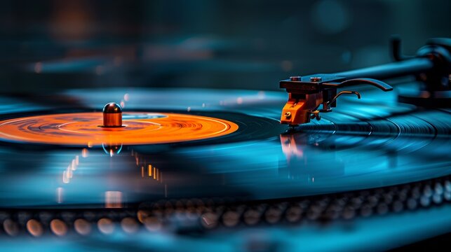 A vibrant close-up of a spinning vinyl record on a turntable, bathed in moody lighting, capturing the nostalgic essence of music and the art of sound appreciation.