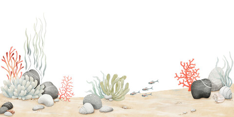 Seabed with red corals, plants, colored stones and small fishes. Cute watercolor panoramic illustration with underwater landscape for your design wallpapers, childish mural or nature background. 