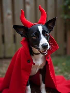 Dog Dressed As Devil Wearing Red Horns and Cape for Halloween