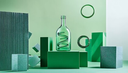 Floating glass bottle on green geometric product stand with spiral and cube elements