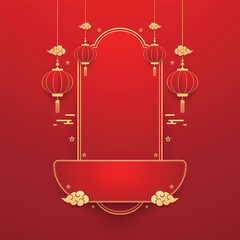 Happy Chinese new year 2026. Chinese new year banner for show product. Greeting card. China frame with lantern on red background.