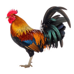 Fototapeta premium Close-up of a colorful rooster with vibrant feathers showcasing a majestic bird with a bright red comb and detailed plumage standing on a white background