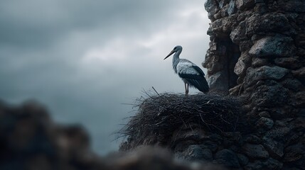 Stork bird nest on rock cliff wildlife photography nature scenic view animal