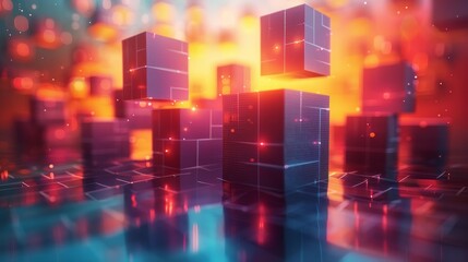 A dynamic composition of glowing cubes floating amidst a colorful background, representing modern technology and innovation through its abstract digital aesthetics.