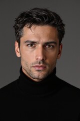 Fototapeta premium Portrait of a Handsome Man with Dark Hair and Intense Gaze