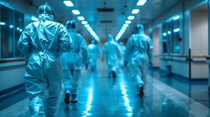Fototapeta premium A group of healthcare professionals in protective gear moves purposefully down a sterile hospital corridor, embodying dedication and urgency in their mission to save lives.