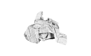 A crumpled checkered paper sheet on a white background suits artistic projects. Its wrinkled grid inspires sketches for artists seeking unique textures.