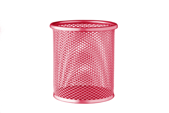 metallic Glass of red color for stationery, pencils, pens, scissors, ruler, on an isolated white background close up