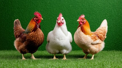Fototapeta premium Three Colorful Chickens Standing Together on Green Grass Background