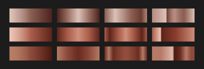 Elegant copper gradient swatches collection. Metallic textures with polished foil shine and satin smooth. Glossy palette for vintage and luxury designs and branding