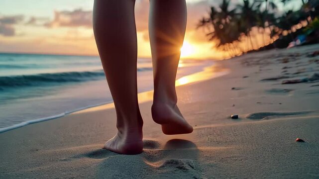 Girls walking on the beach at sunset leaving footprints in the sand, Sunset beach walk, girls feet in sand, low angle, peaceful evening vibe