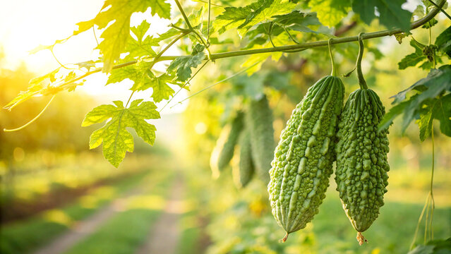 Bitter Melons in garden, Bitter Melon tree in natural warm sunlight background