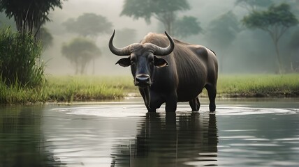 Obraz premium Water Buffalo in Morning Mist