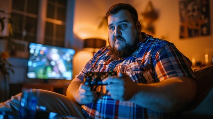 A focused man with a beard intensely plays video games at home, depicting modern entertainment's immersive nature and the engaging experience of gaming culture.