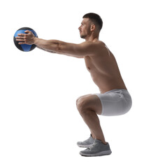 Man exercising with medicine ball on white background