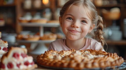 A joyful young girl smiles brightly beside a beautifully crafted pie, encapsulating innocence, sweetness, and the joy of homemade treats in a charming bakery setting.