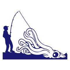 Fisherman catches octopus angler fish fishing fun Isolated Vector Graphic Design Illustration
