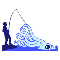 Fisherman catches octopus angler fish fishing fun Isolated Vector Graphic Design Illustration
