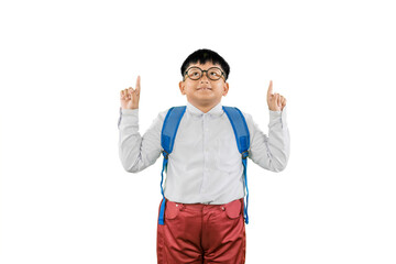 Excited Asian Schoolboy Pointing Upwards with Backpack – Isolated on White Background