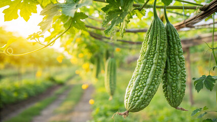 Bitter Melon hanging on tree in field, Bitter Melon in field ready to harvesting in natural...