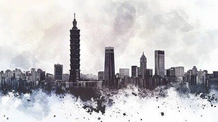 Obraz premium Illustration of City of Taipei, Taiwan skyline in black and simple watercolor on abstract watercolor background. Watercolor painting background.