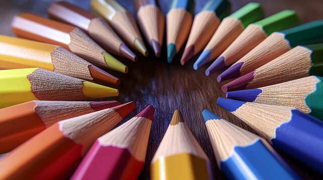 Colorful pencils arranged in a circle art supplies drawing sketching design