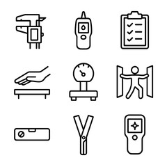 Quality Control Icons. Outline icon set of quality control measures: caliper gauge, moisture meter, inspection checklist, finish