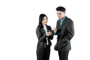 Two Business Professionals Collaborating with Digital Tablet on White Background