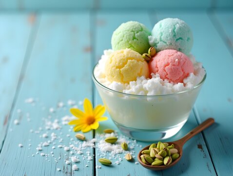 Snow cone dessert with pistachios, on blue table with flowers for a sweet summertime snack