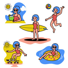 Set Of Woman Summer Vacation Illustration in Retro