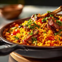 Fototapeta premium closeup shot ready to serve arroz de cabrito food photography gourmet vibrant fresh ingredients razor shallow clean background
