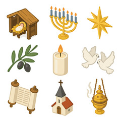 Religious Holiday Icons. Isometric Flat icon set of religious holiday symbols: nativity manger, menorah, star of Bethlehem, olive