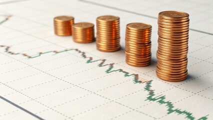 Currency fluctuation on commodities concept. Financial growth represented by stacked coins and a graph backdrop.