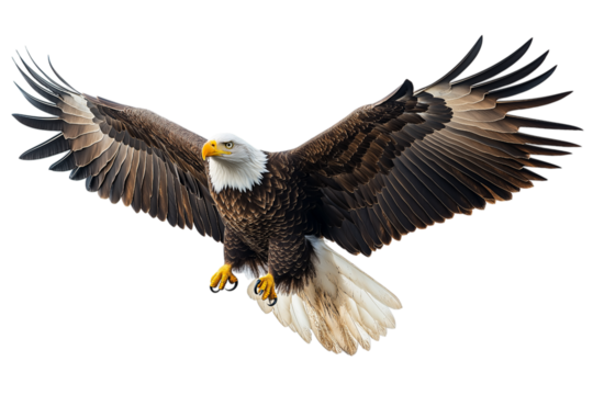 Flying bald eagle captured mid air isolated on white, ideal for aviation, birds, and wildlife topics