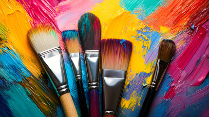 Obraz premium bright multicolored creative background, a group of brushes with paint on the background of a multicolored spectrum canvas, the idea of creativity banner, team