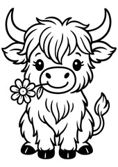 Naklejka premium Cute Highland cow chewing a flower in black and white vector. Ideal for engraving, laser cut, logos, prints, and creative illustrations