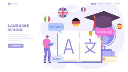 Language learning app concept with book stack and world globe. Online education platform, tutoring and foreign languages. Flat vector icon with characters for landing page. 