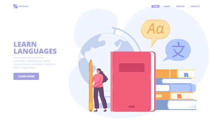 Online language learning platform with books and globe. Foreign languages school, study and teacher search website concept. Vector illustration for website, banner, print.