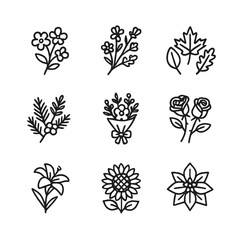 Seasonal Icon Set. Outline icon set of seasonal themes: spring blossoms, summer wildflowers, autumn leaves, winter greens, holiday